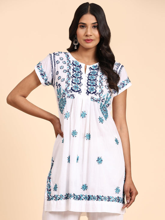 Load image into Gallery viewer, Noor Hand Embroidery Chikankari Printed Short Cotton Tunics-White With Multiblue - House Of Kari (Chikankari Clothing)
