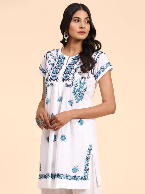 Noor Hand Embroidery Chikankari Printed Short Cotton Tunics-White With Multiblue - House Of Kari (Chikankari Clothing)