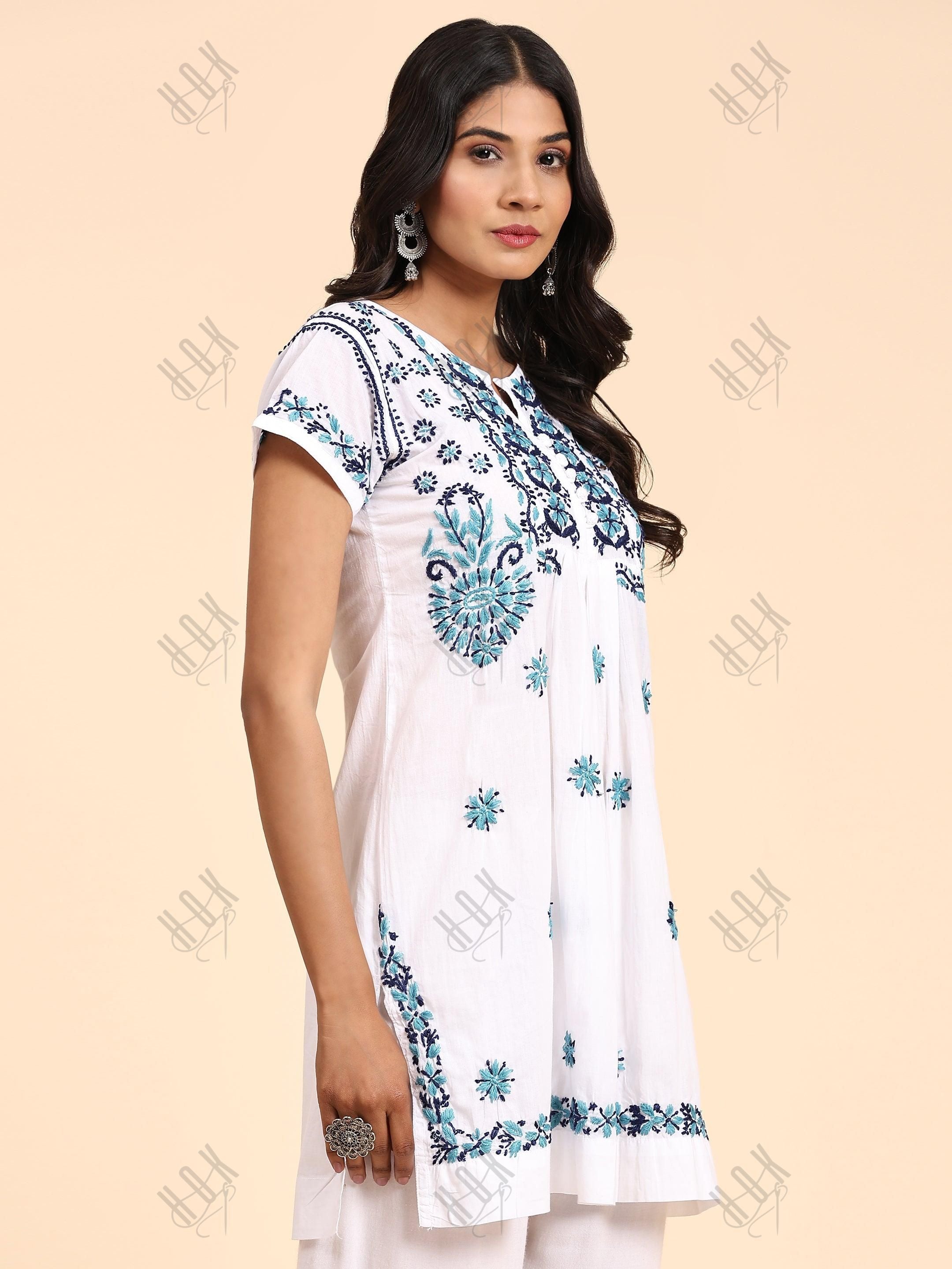 Noor Hand Embroidery Chikankari Printed Short Cotton Tunics-White With Multiblue - House Of Kari (Chikankari Clothing)