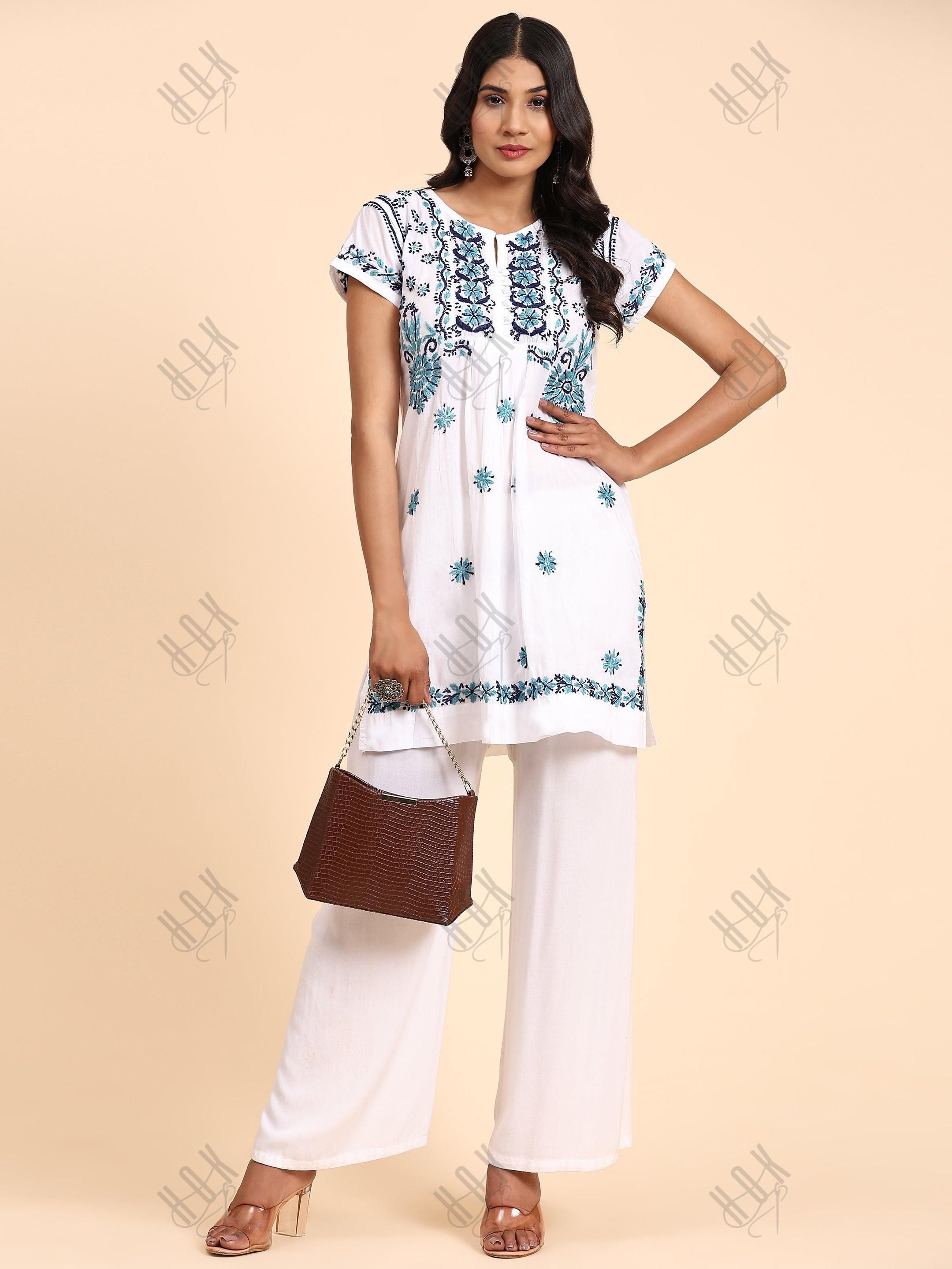 Noor Hand Embroidery Chikankari Printed Short Cotton Tunics-White With Multiblue - House Of Kari (Chikankari Clothing)