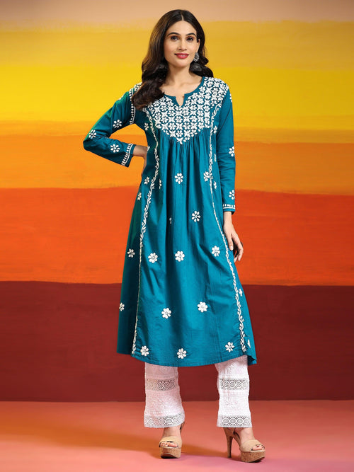 Samma Chikankari Long Kurta In Cotton For Women - House Of Kari (Chikankari Clothing)