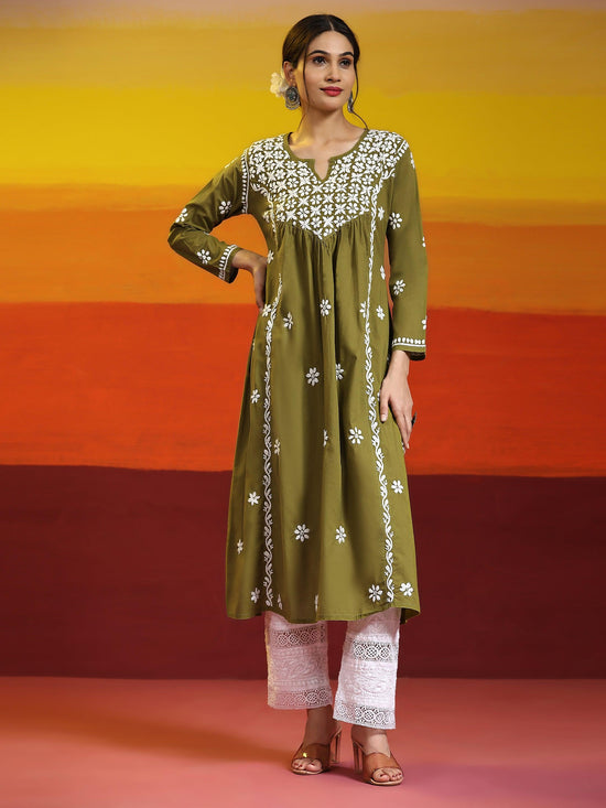 Samma Chikankari Long Kurta In Cotton For Women - House Of Kari (Chikankari Clothing)