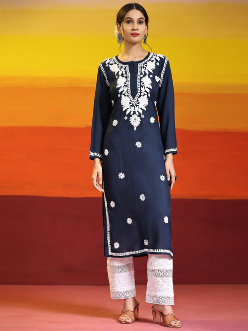 Samma Chikankari Long Kurta In Modal Cotton For Women - House Of Kari (Chikankari Clothing)