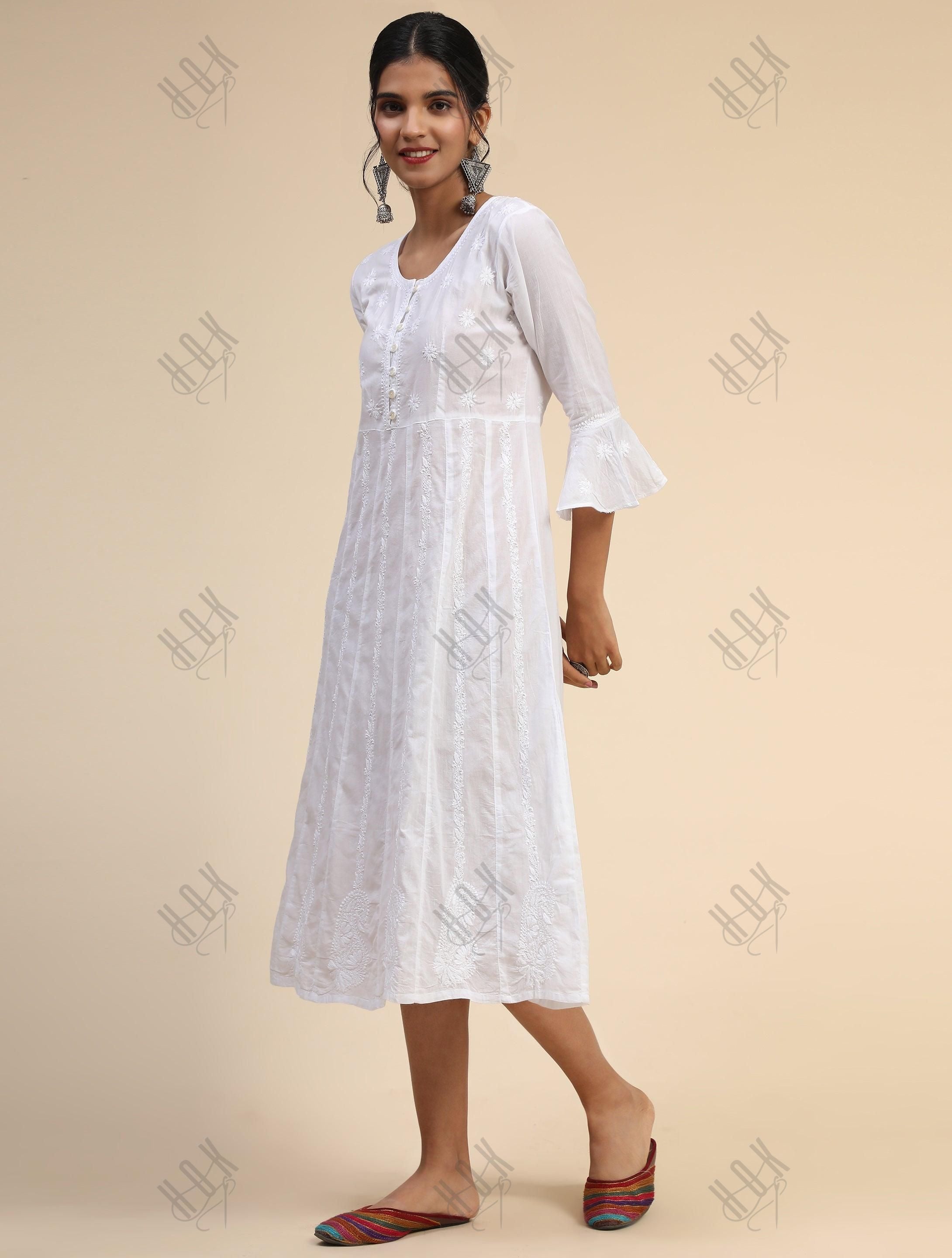 Hand embroidery Chikankari Long Kurta-White - House Of Kari (Chikankari Clothing)