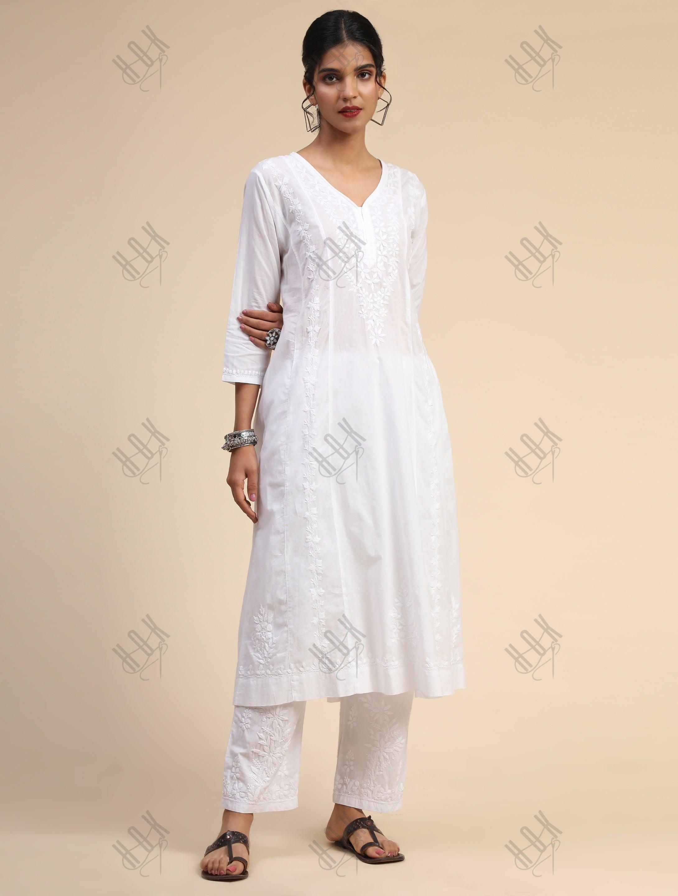 Noor House of Kari Hand embroidery Chikankari Long Kurta-White - House Of Kari (Chikankari Clothing)