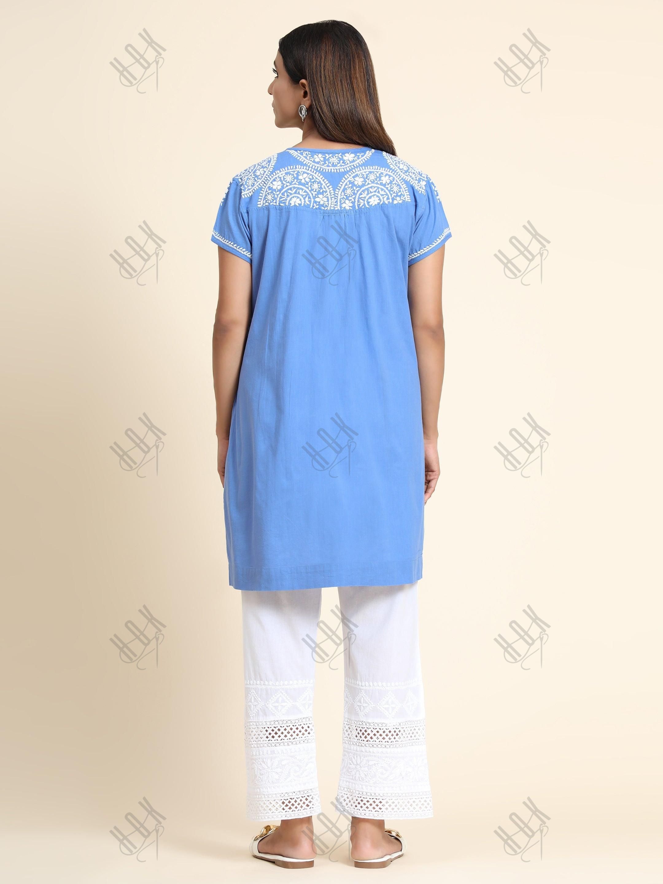 Hand Embroidery Chikankari Tunic for Women-Light Blue - House Of Kari (Chikankari Clothing)