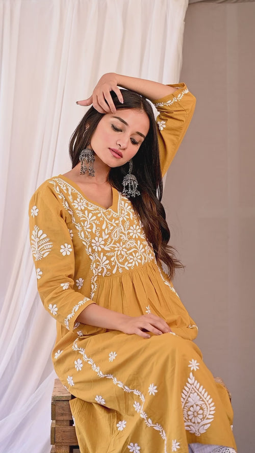 Load and play video in Gallery viewer, Aayushi in Hand Embroidery Chikankari Long Kurti for Women  Mustard
