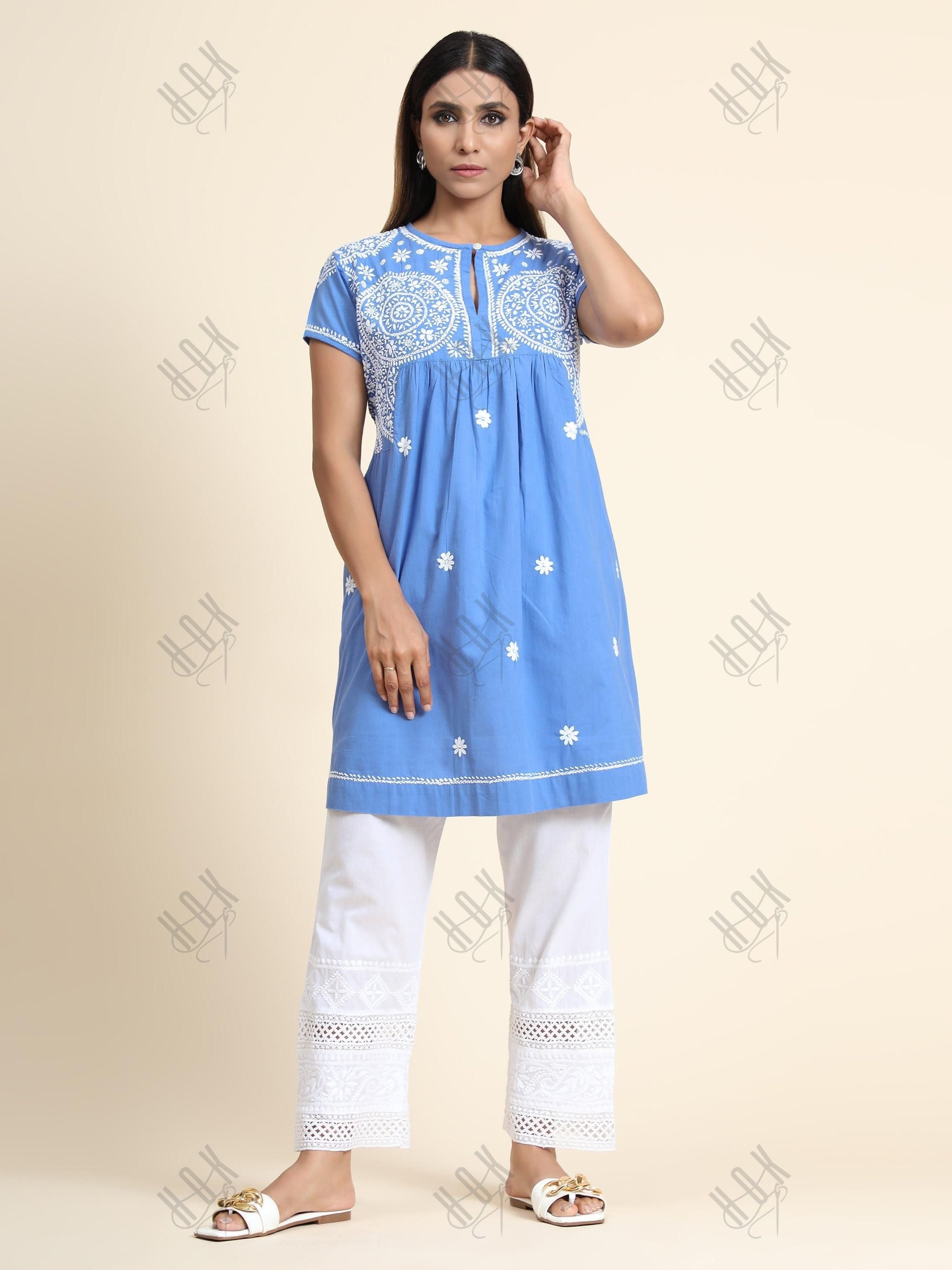 Hand Embroidery Chikankari Tunic for Women-Light Blue - House Of Kari (Chikankari Clothing)