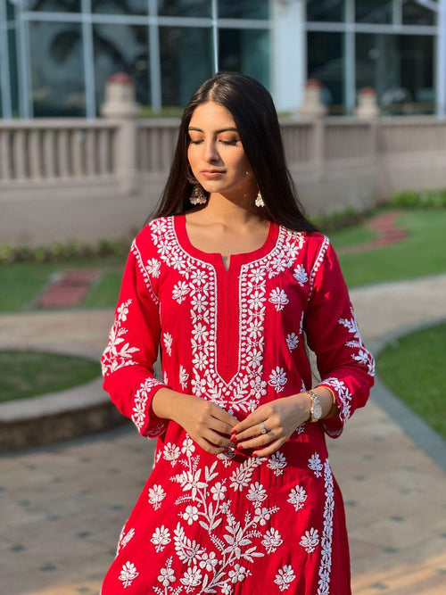 Surili Gautam in Premium Hand Embroidery Chikankari Co-Ord Set Red - House Of Kari (Chikankari Clothing)