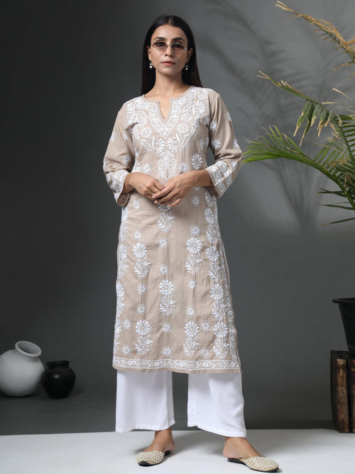 Aanchal in HOK Chikankari Long Kurti for Women Beige & White-2 - House Of Kari (Chikankari Clothing)