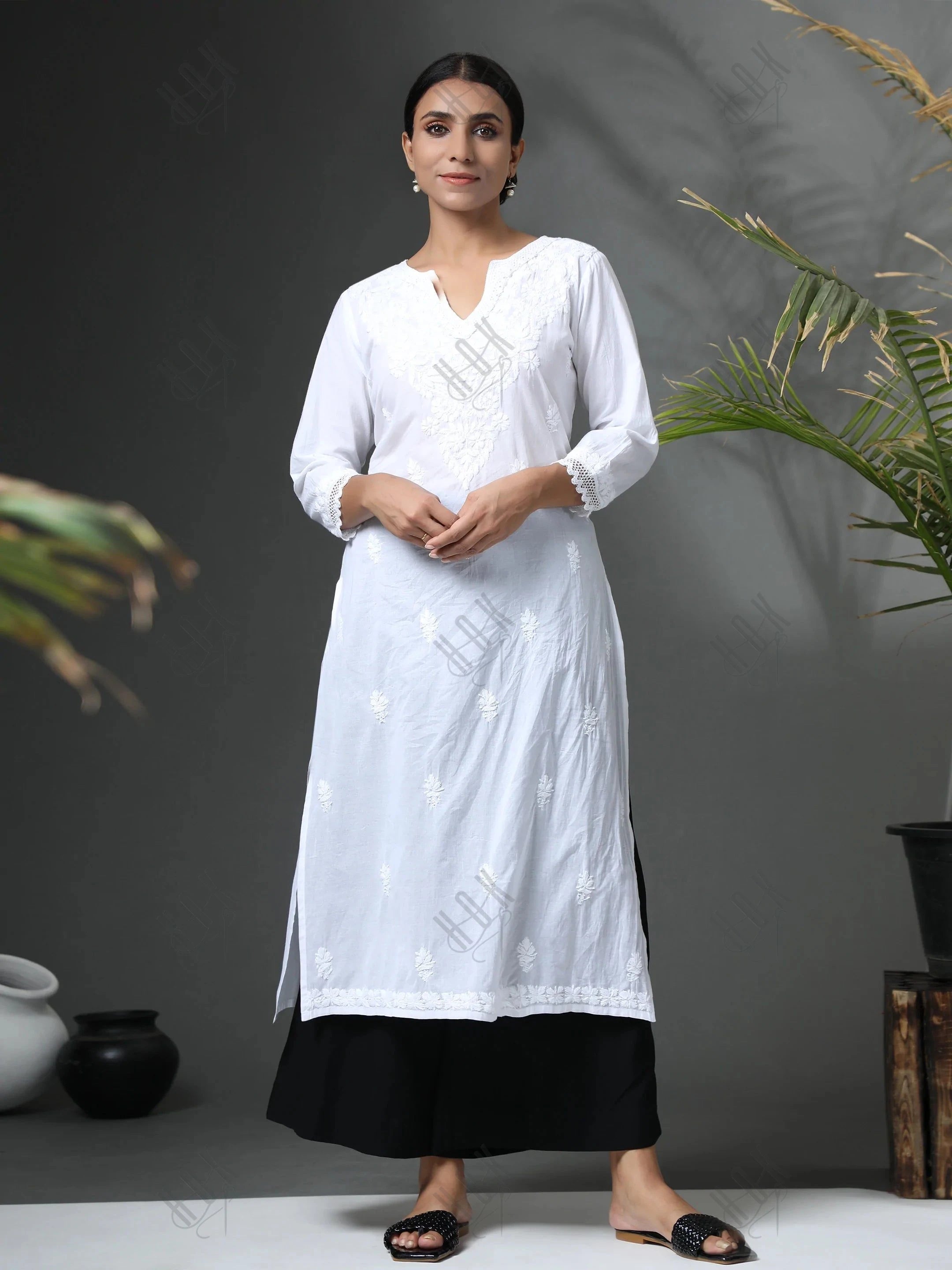 Sharmin in HOK Chikankari Long Kurti for Women in white - House Of Kari (Chikankari Clothing)