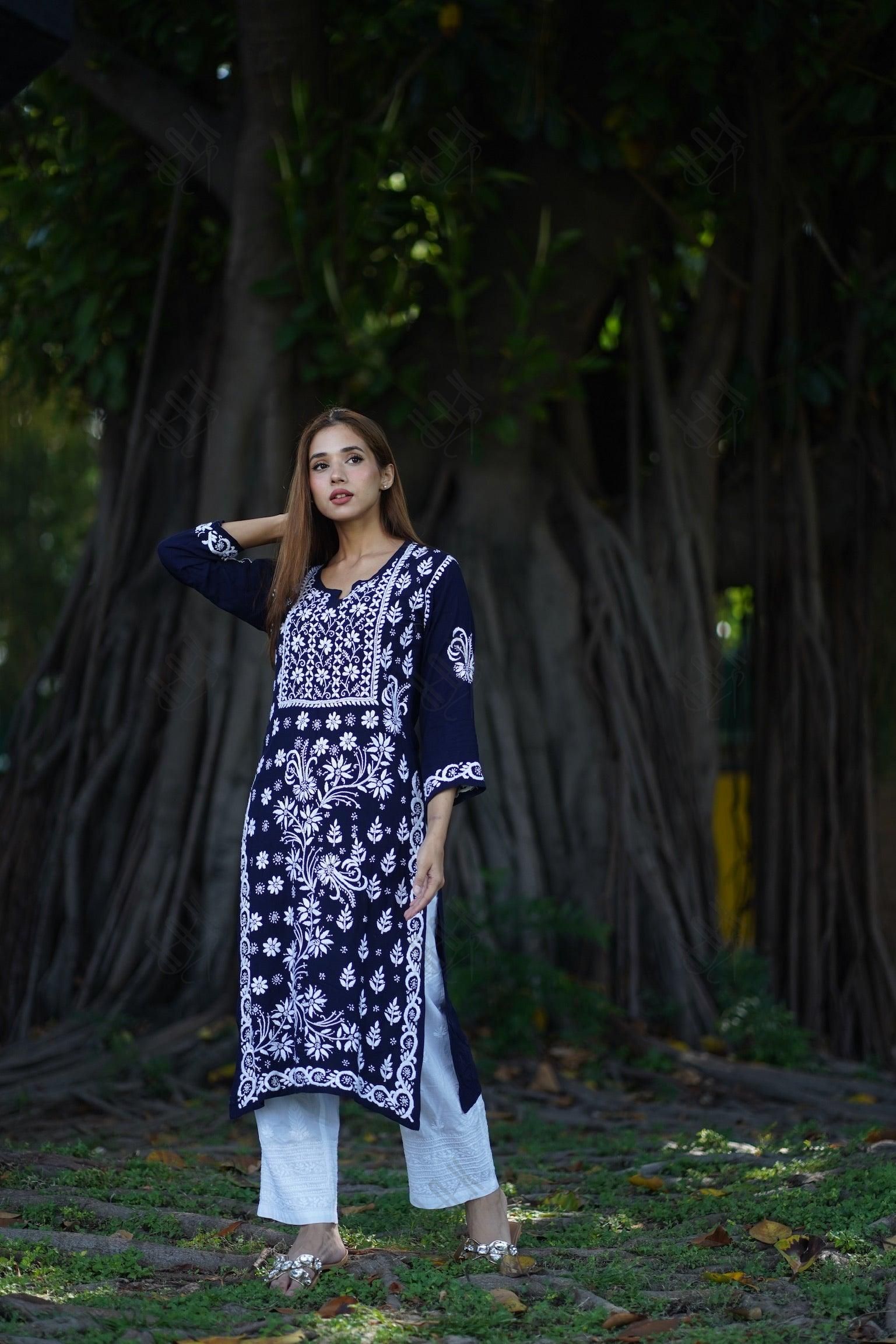 RIA IN HOK Chikankari Stylish Kurti Dark Blue - House Of Kari (Chikankari Clothing)