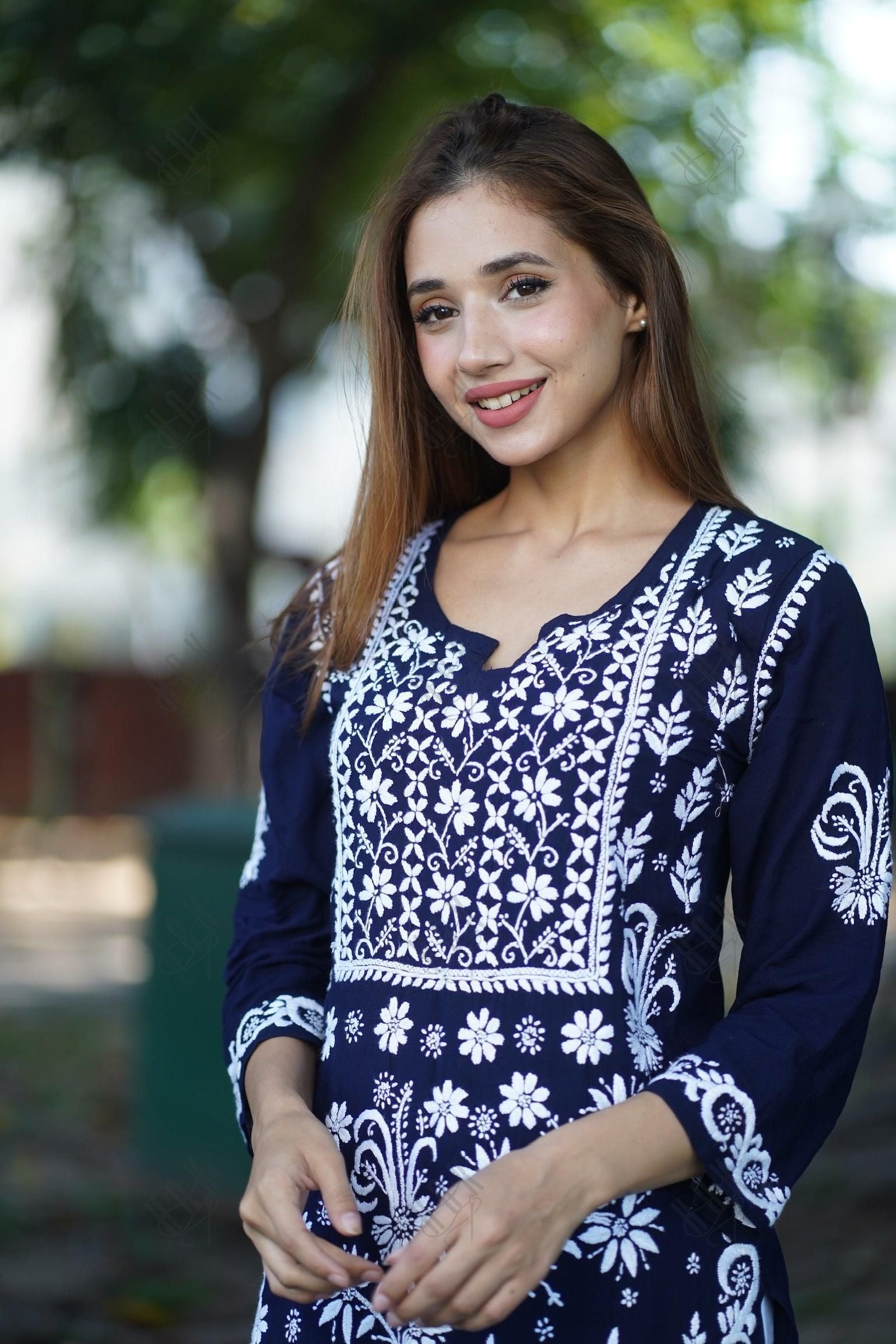 RIA IN HOK Chikankari Stylish Kurti Dark Blue - House Of Kari (Chikankari Clothing)