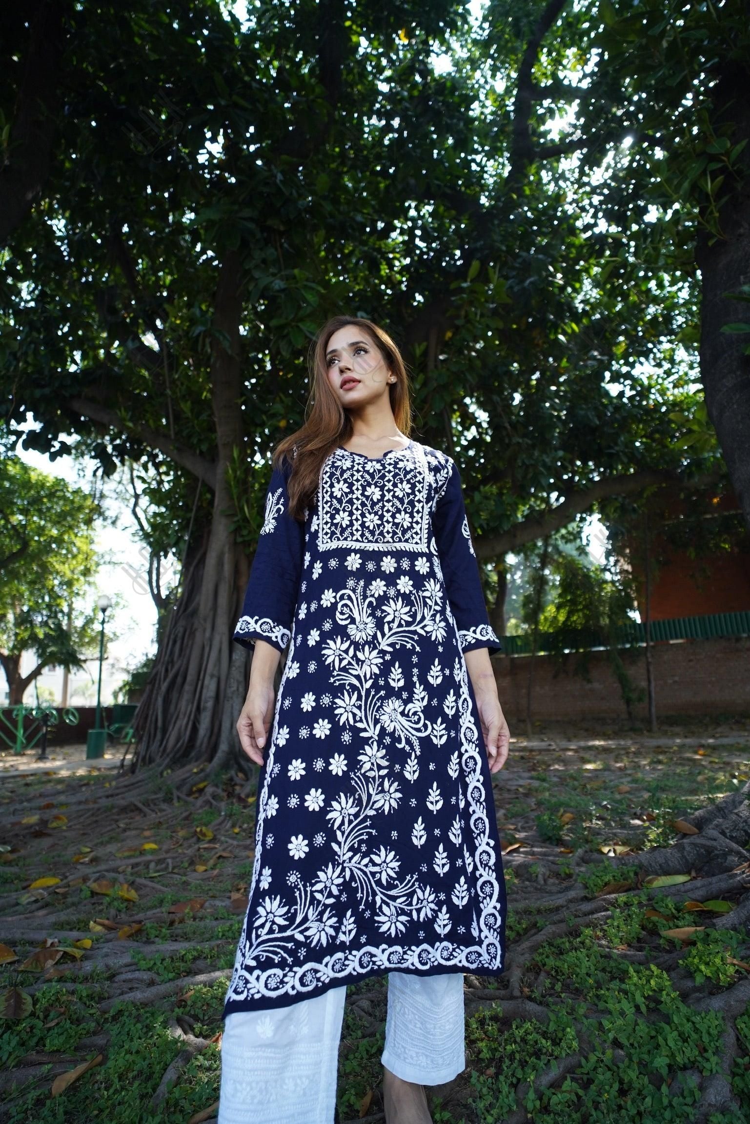 RIA IN HOK Chikankari Stylish Kurti Dark Blue - House Of Kari (Chikankari Clothing)