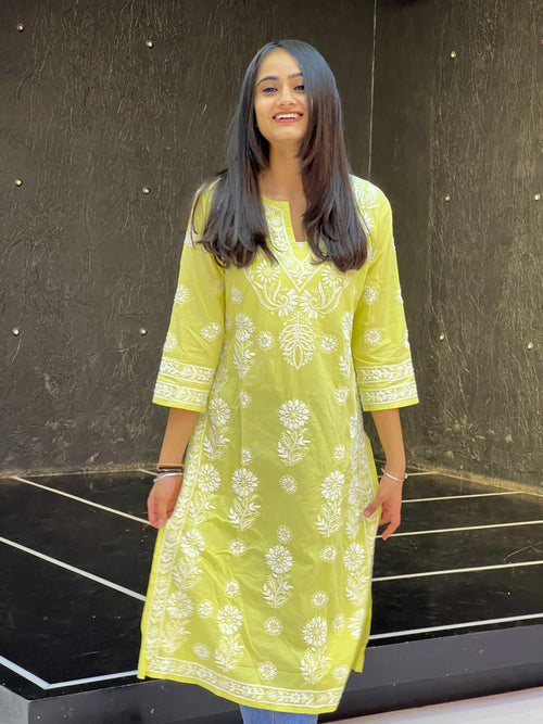 Green Casual Wear Embroidered Cotton Kurti Pant Set
