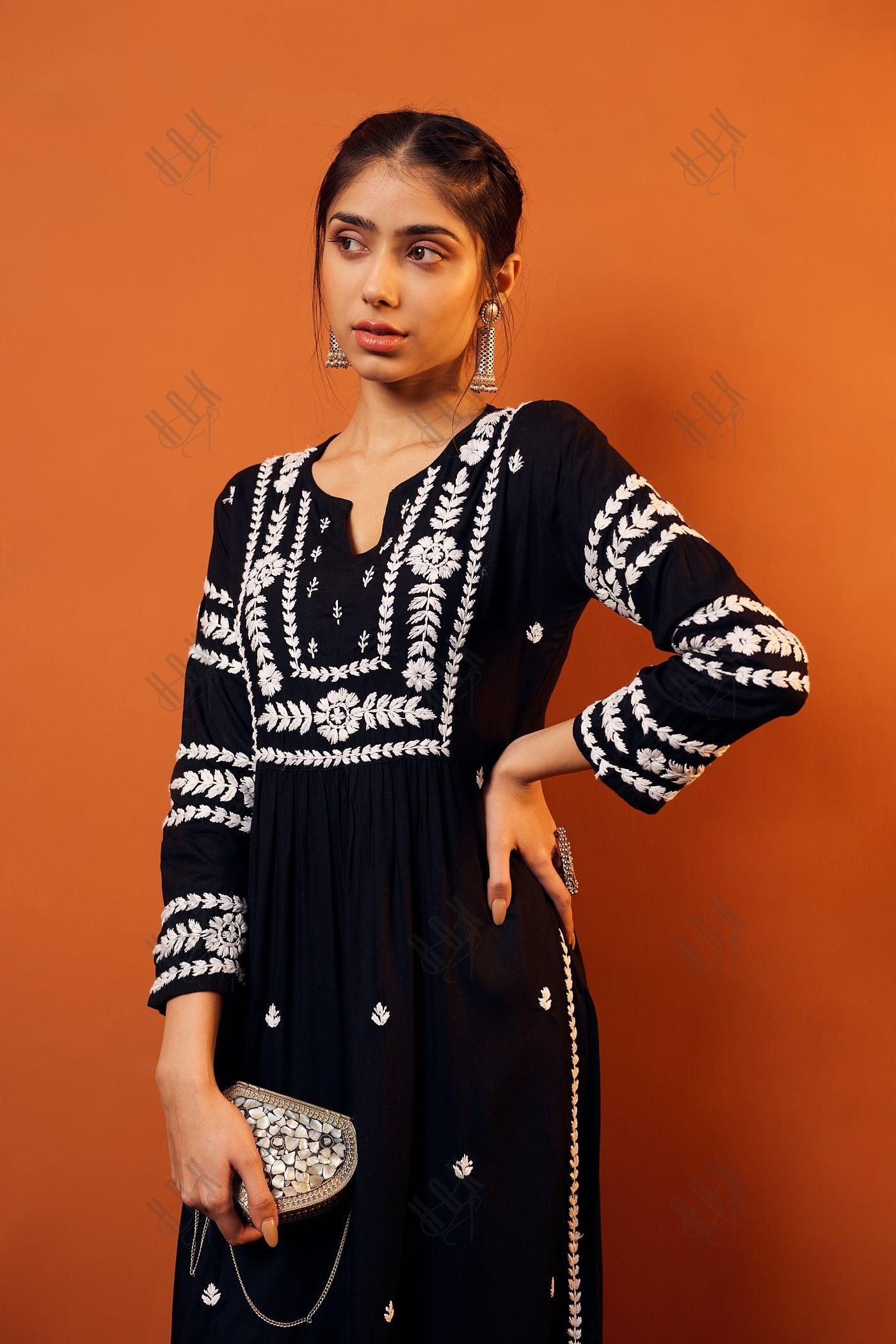 HOK chikankari Long Kurta in Rayon Cotton for Women- Black - House Of Kari (Chikankari Clothing)