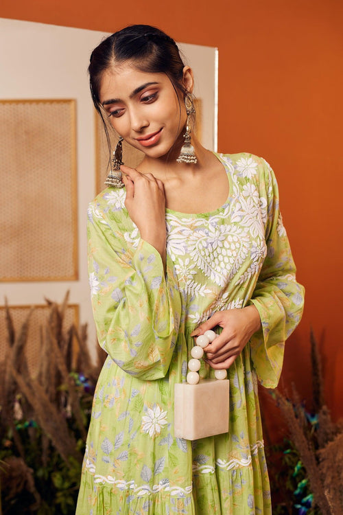 Samma Hand Embroidered Chikankari Mul Gown for Women- Light Green - House Of Kari (Chikankari Clothing)
