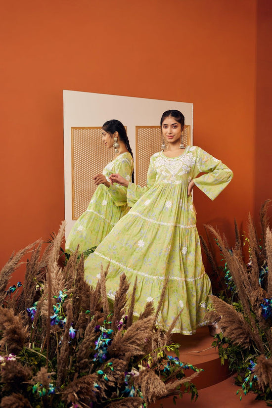 Load image into Gallery viewer, Samma Hand Embroidered Chikankari Mul Gown for Women- Light Green - House Of Kari (Chikankari Clothing)

