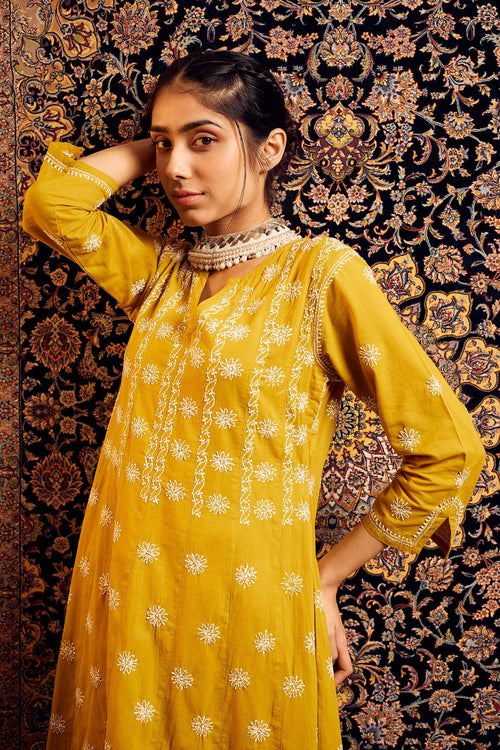 Noor Chikankari Hand embroidery Anarkali Dress in Cotton Mustard - House Of Kari (Chikankari Clothing)