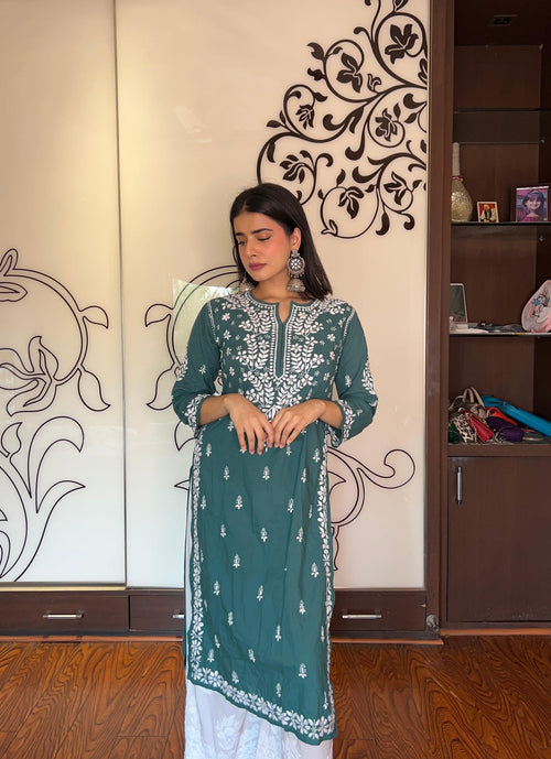 Sonakshi Duhan in Hand embroidery Chikankari Round neck Dress in Cotton-Green - House Of Kari (Chikankari Clothing)