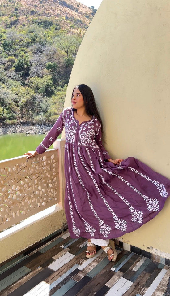 Tanvi Saanghvi Noor Hand Embroidered Chikankari Long Gown for Women- PURPLE - House Of Kari (Chikankari Clothing)