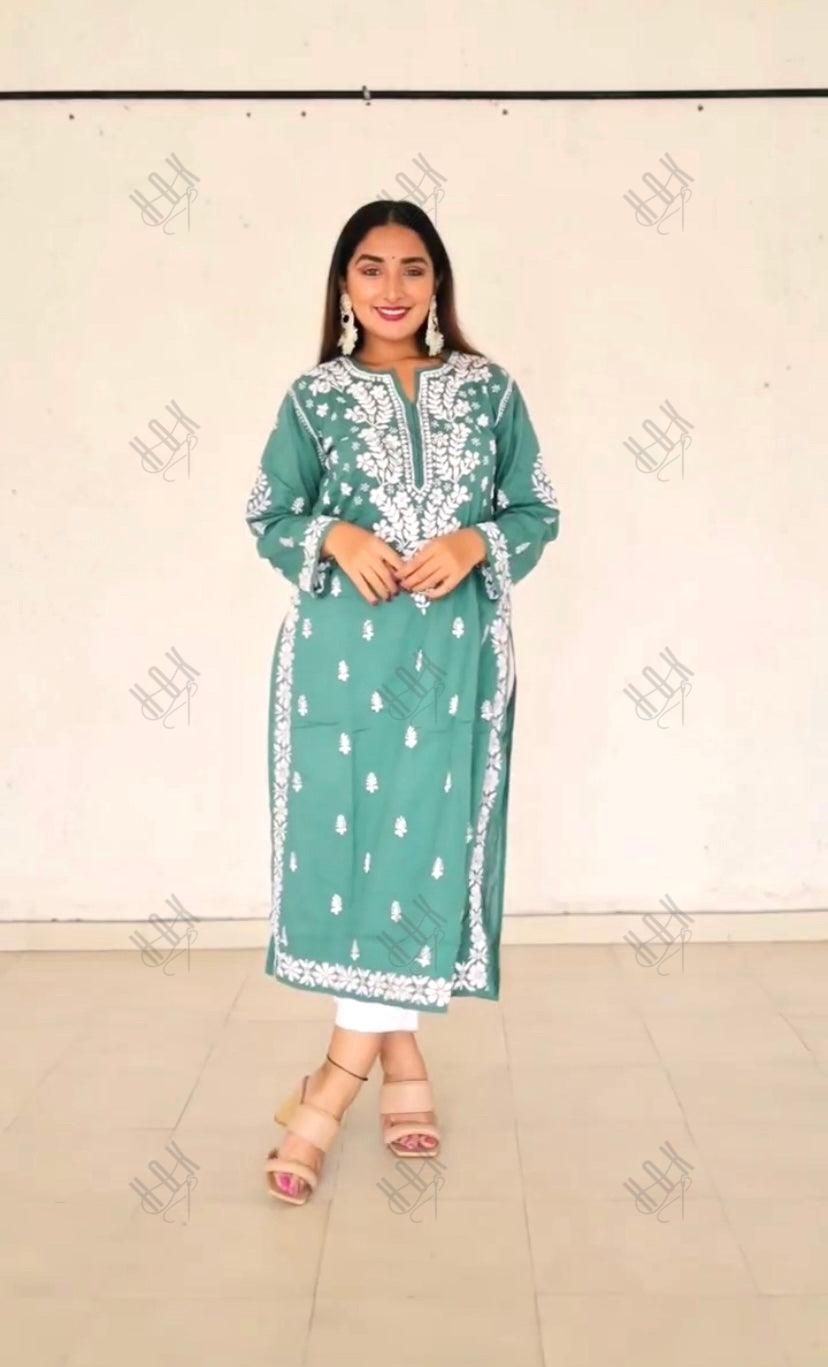 Sonakshi Duhan in Hand embroidery Chikankari Round neck Dress in Cotton-Green - House Of Kari (Chikankari Clothing)