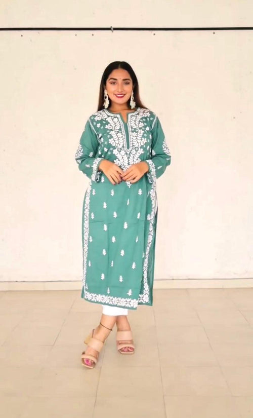 Sonakshi Duhan in Hand embroidery Chikankari Round neck Dress in Cotton-Green - House Of Kari (Chikankari Clothing)