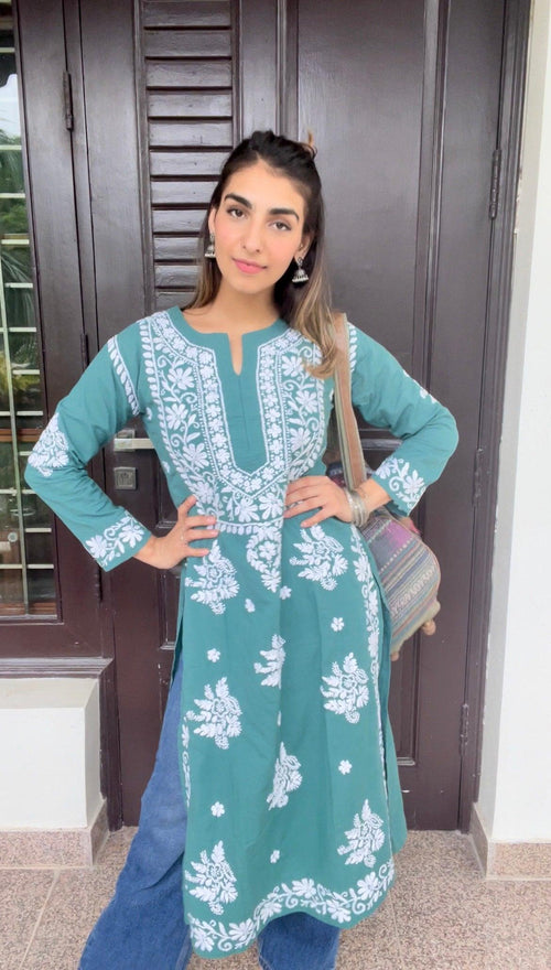Jiya Jain in HOK Chikankari Kurti for Women - Green - House Of Kari (Chikankari Clothing)