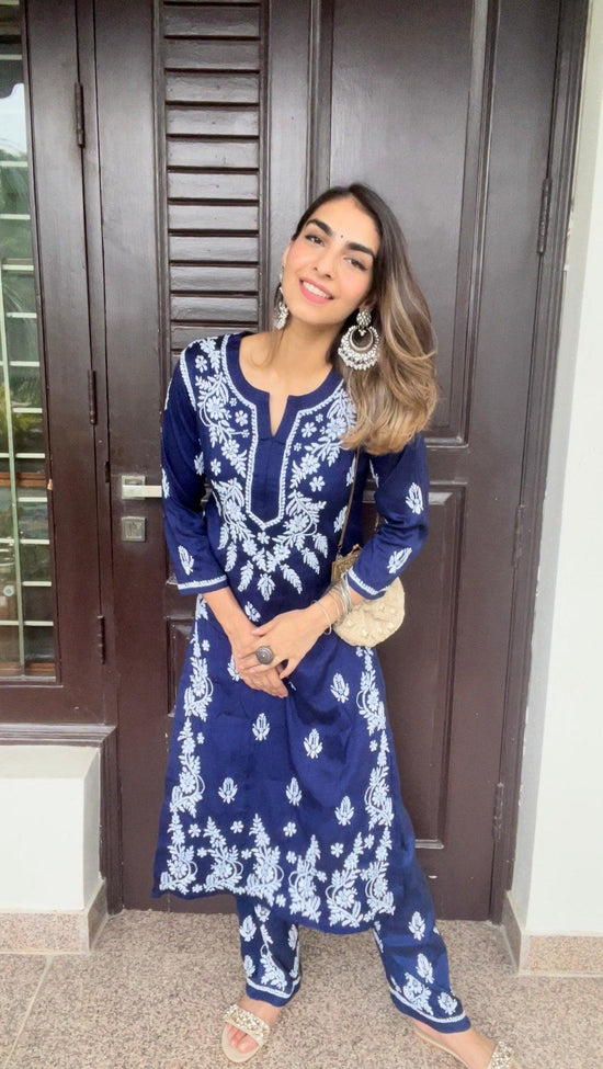 Soha Ali Khan Pataudi in House of Kari Hand Embroidery Chikankari CO-ORD set for Women In Navy Blue - House Of Kari (Chikankari Clothing)
