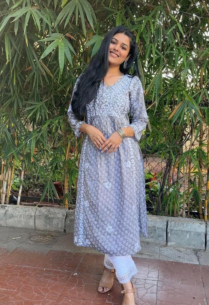 Aishwarya in Noor Mul Printed Hand Embroidery Chikankari Kurta- Grey - House Of Kari (Chikankari Clothing)