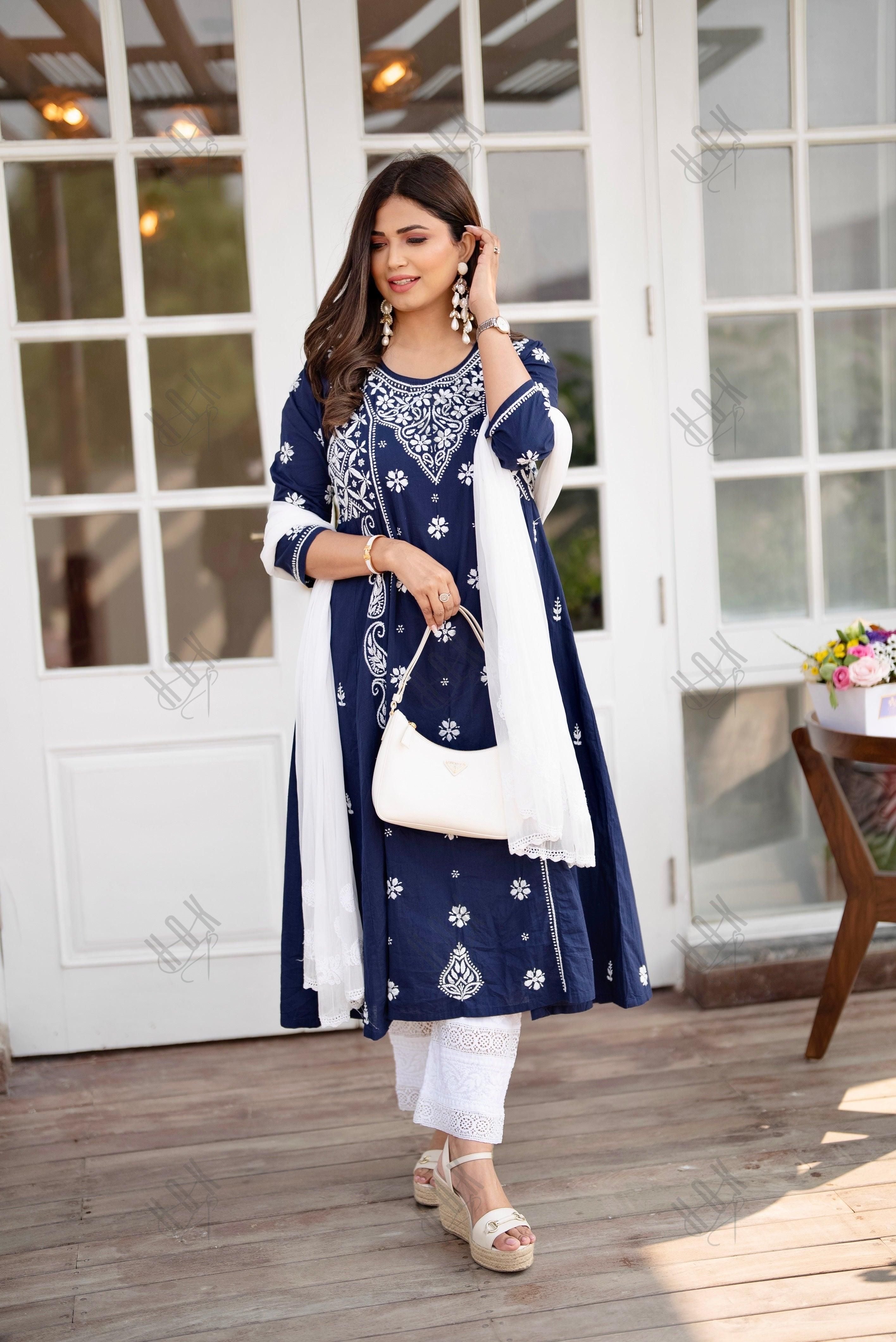 Shrishti in Hand embroidery Chikankari Dress- Dark Blue & White - House Of Kari (Chikankari Clothing)