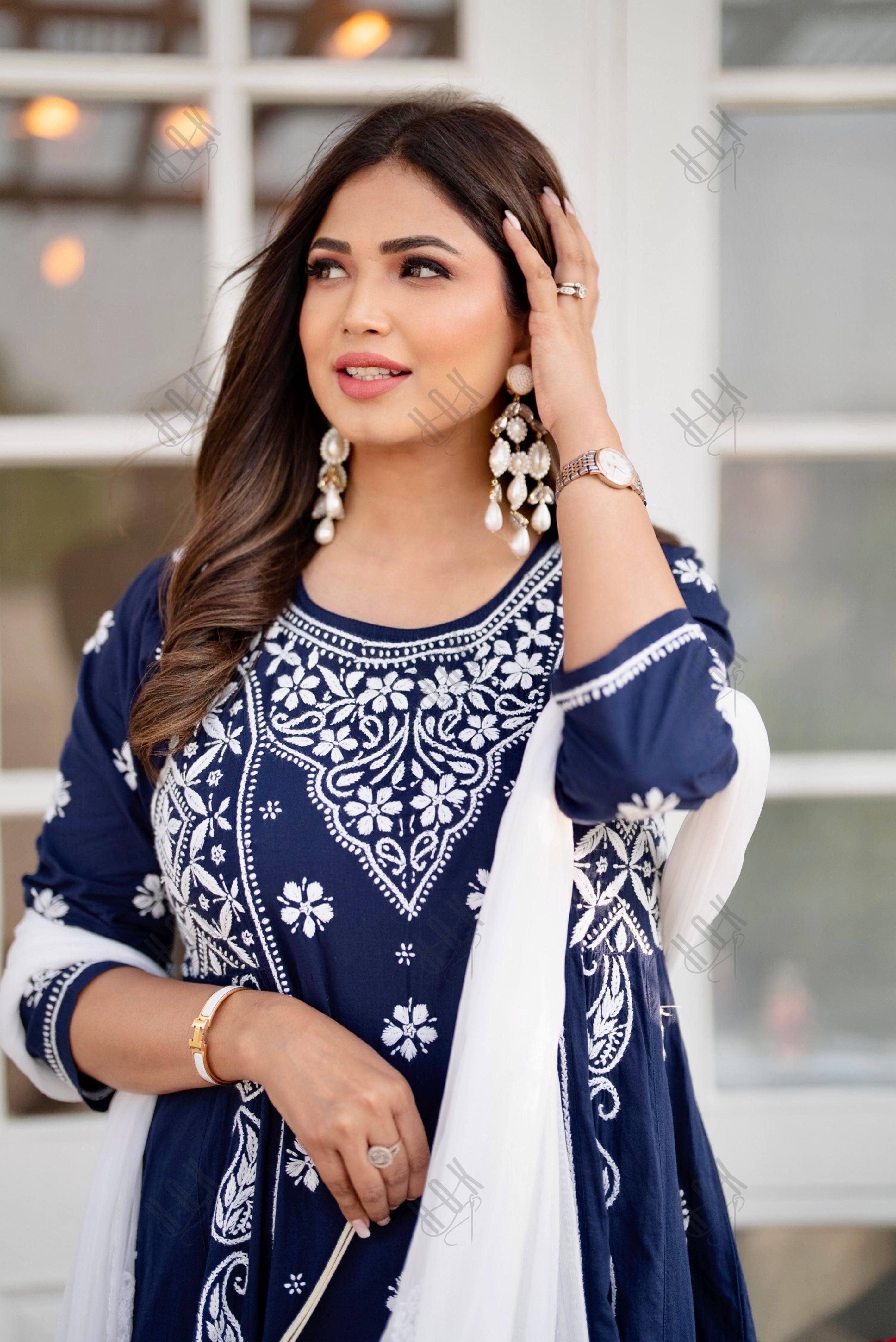 Shrishti in Hand embroidery Chikankari Dress- Dark Blue & White - House Of Kari (Chikankari Clothing)