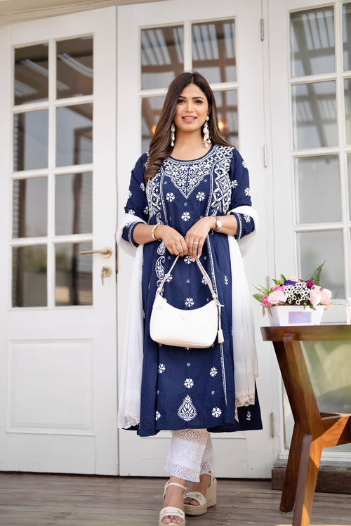 Shrishti in Hand embroidery Chikankari Dress- Dark Blue & White - House Of Kari (Chikankari Clothing)