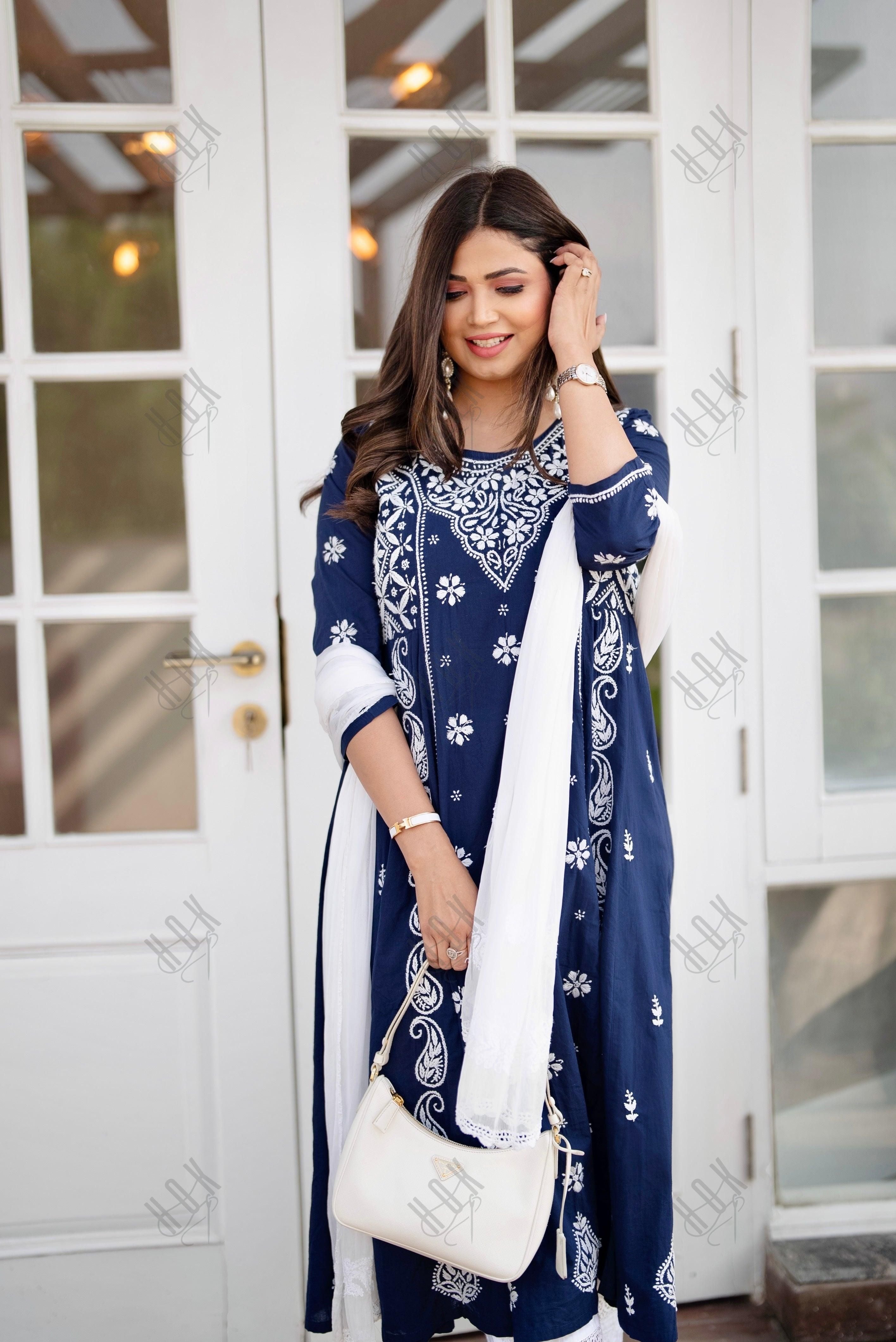 Shrishti in Hand embroidery Chikankari Dress- Dark Blue & White - House Of Kari (Chikankari Clothing)