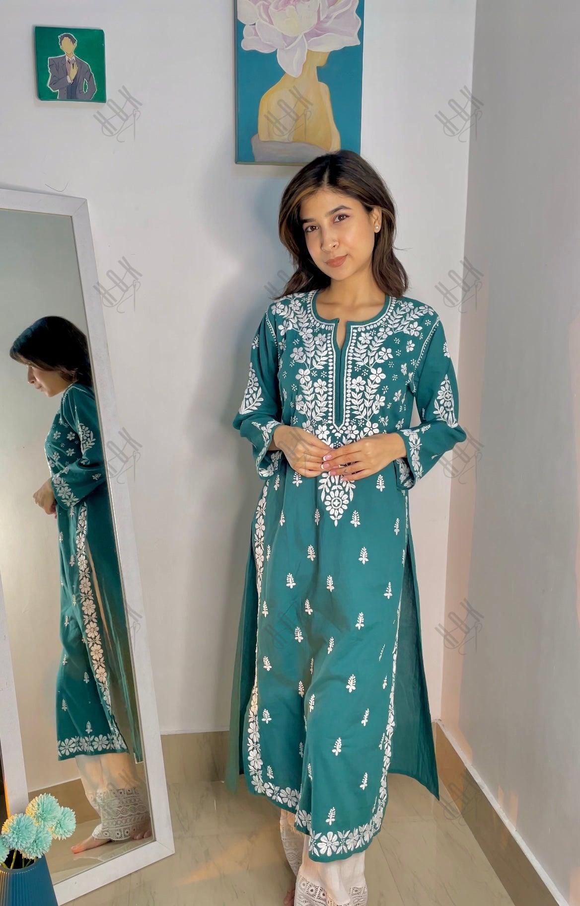 Sonakshi Duhan in Hand embroidery Chikankari Round neck Dress in Cotton-Green - House Of Kari (Chikankari Clothing)