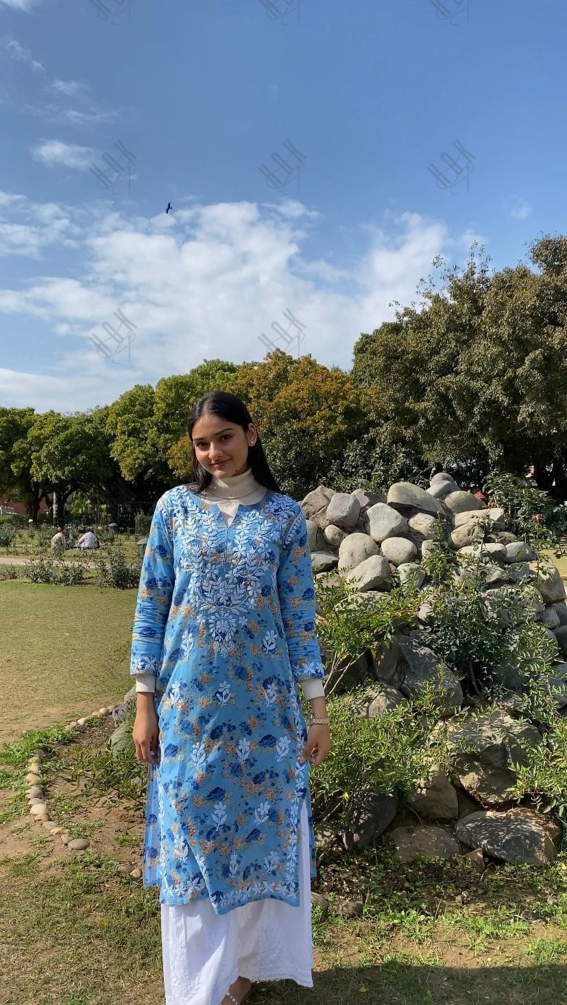 Aruneet in Noor Mul Printed Hand Embroidery Chikankari Kurta- Blue - House Of Kari (Chikankari Clothing)