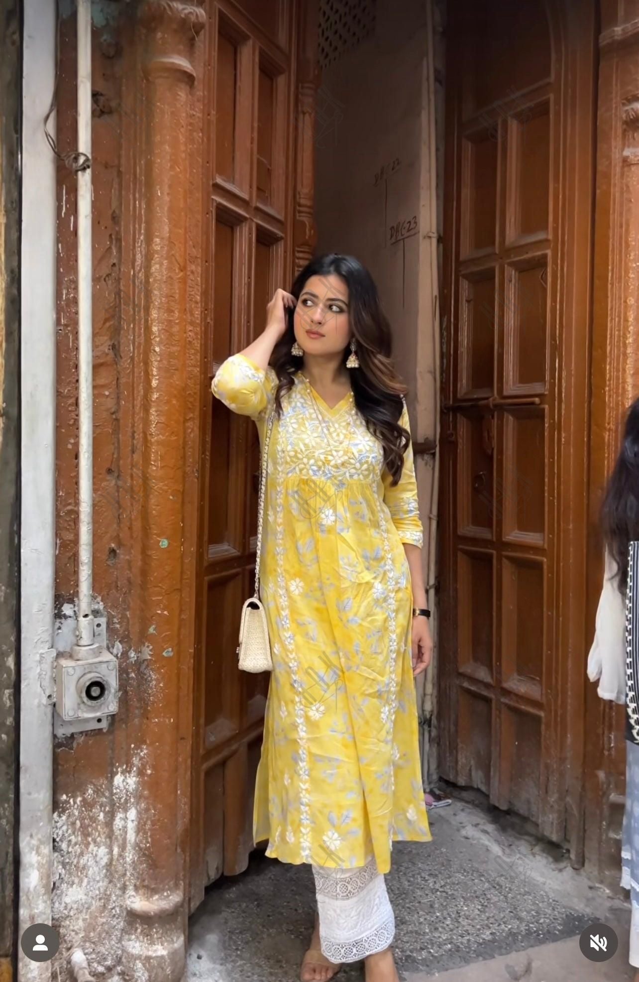 Yashaswine in Noor Mul Printed Hand Embroidery Chikankari Kurta- Yellow - House Of Kari (Chikankari Clothing)