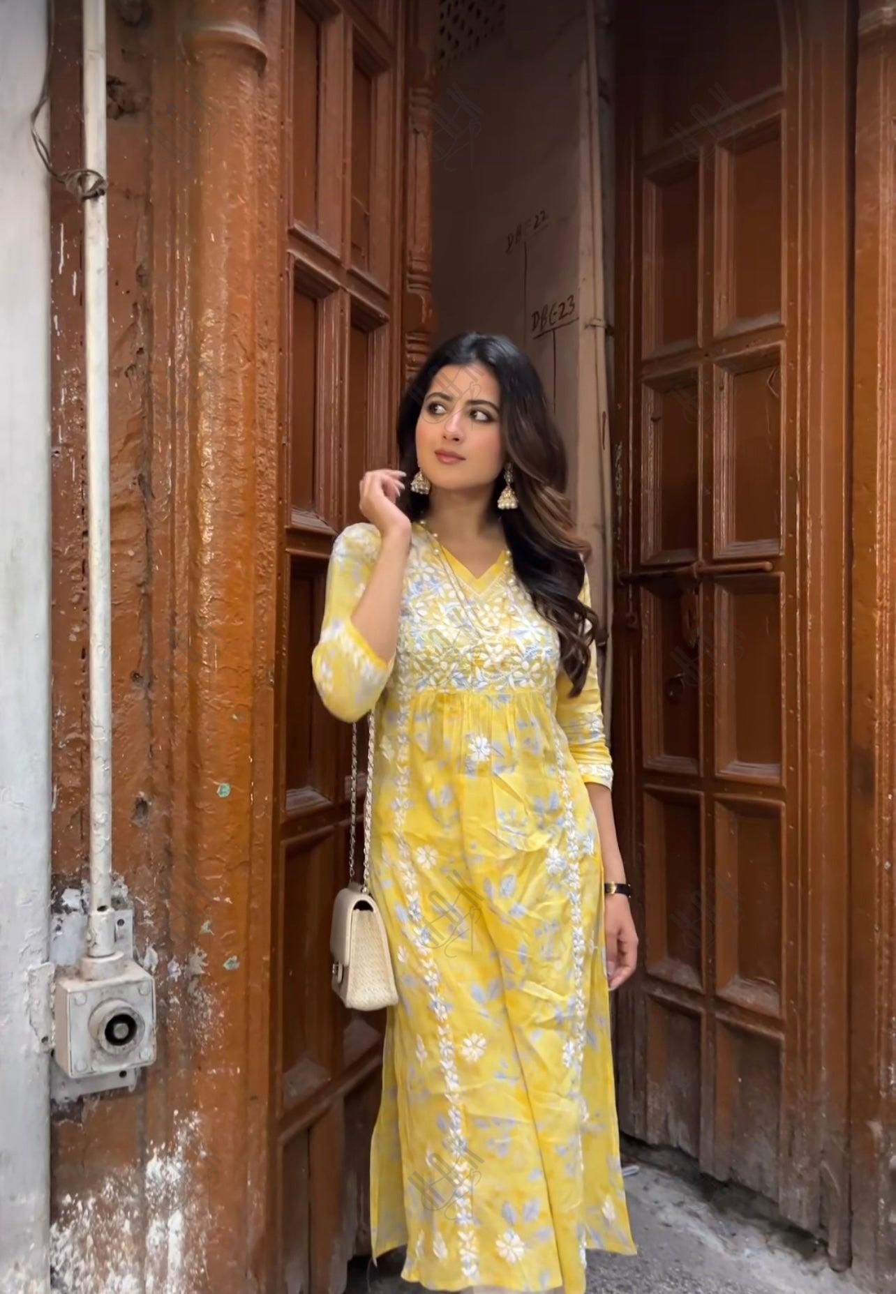 Yashaswine in Noor Mul Printed Hand Embroidery Chikankari Kurta- Yellow - House Of Kari (Chikankari Clothing)