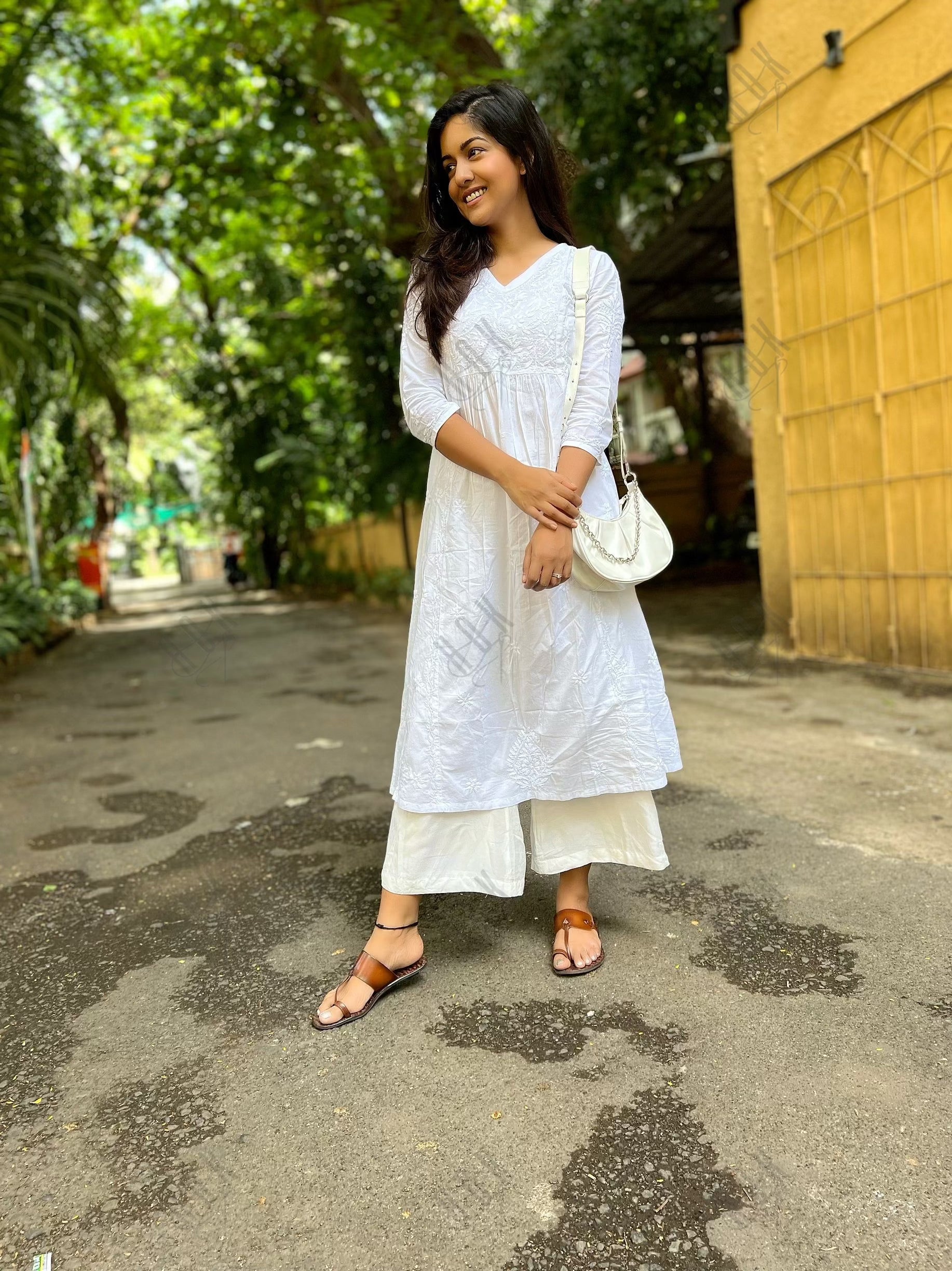 Ishita Dutta in Hand embroidery Chikankari Long Kurta-White - House Of Kari (Chikankari Clothing)