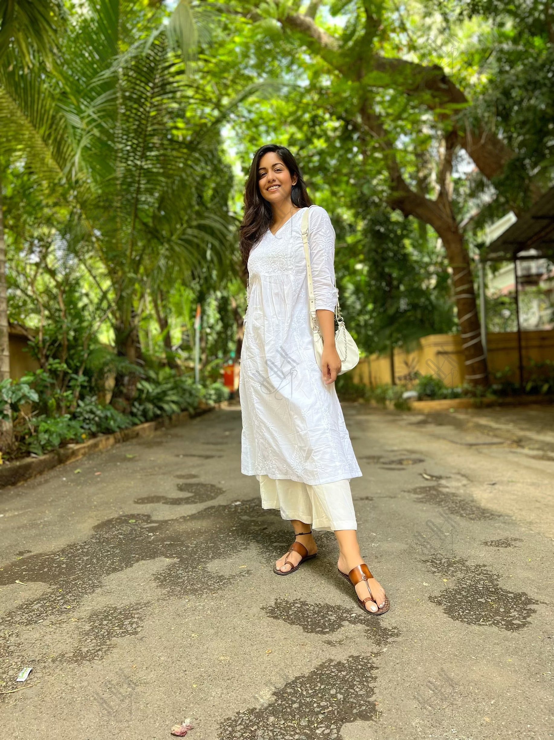 Ishita Dutta in Hand embroidery Chikankari Long Kurta-White - House Of Kari (Chikankari Clothing)