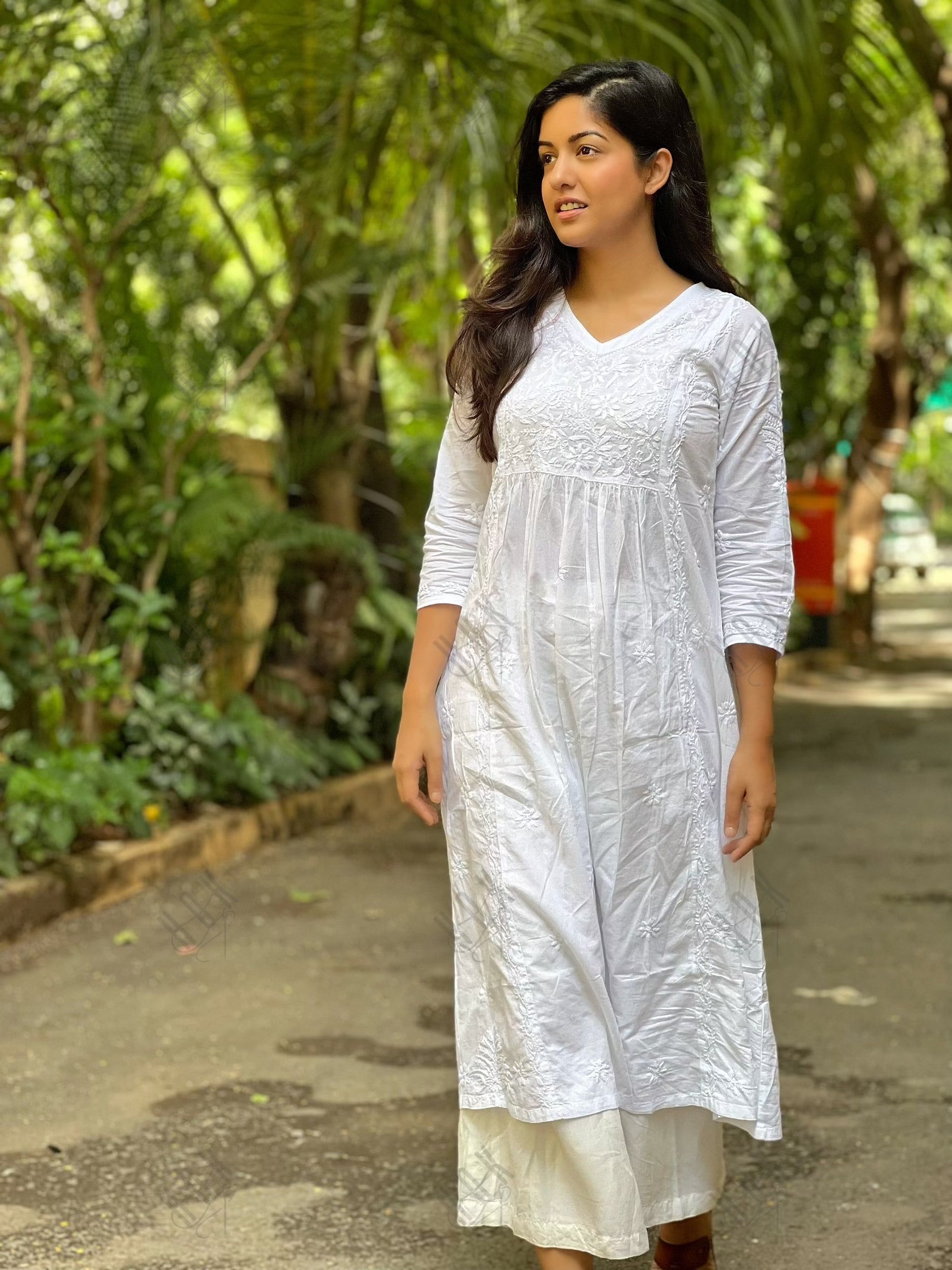 Ishita Dutta in Hand embroidery Chikankari Long Kurta-White - House Of Kari (Chikankari Clothing)