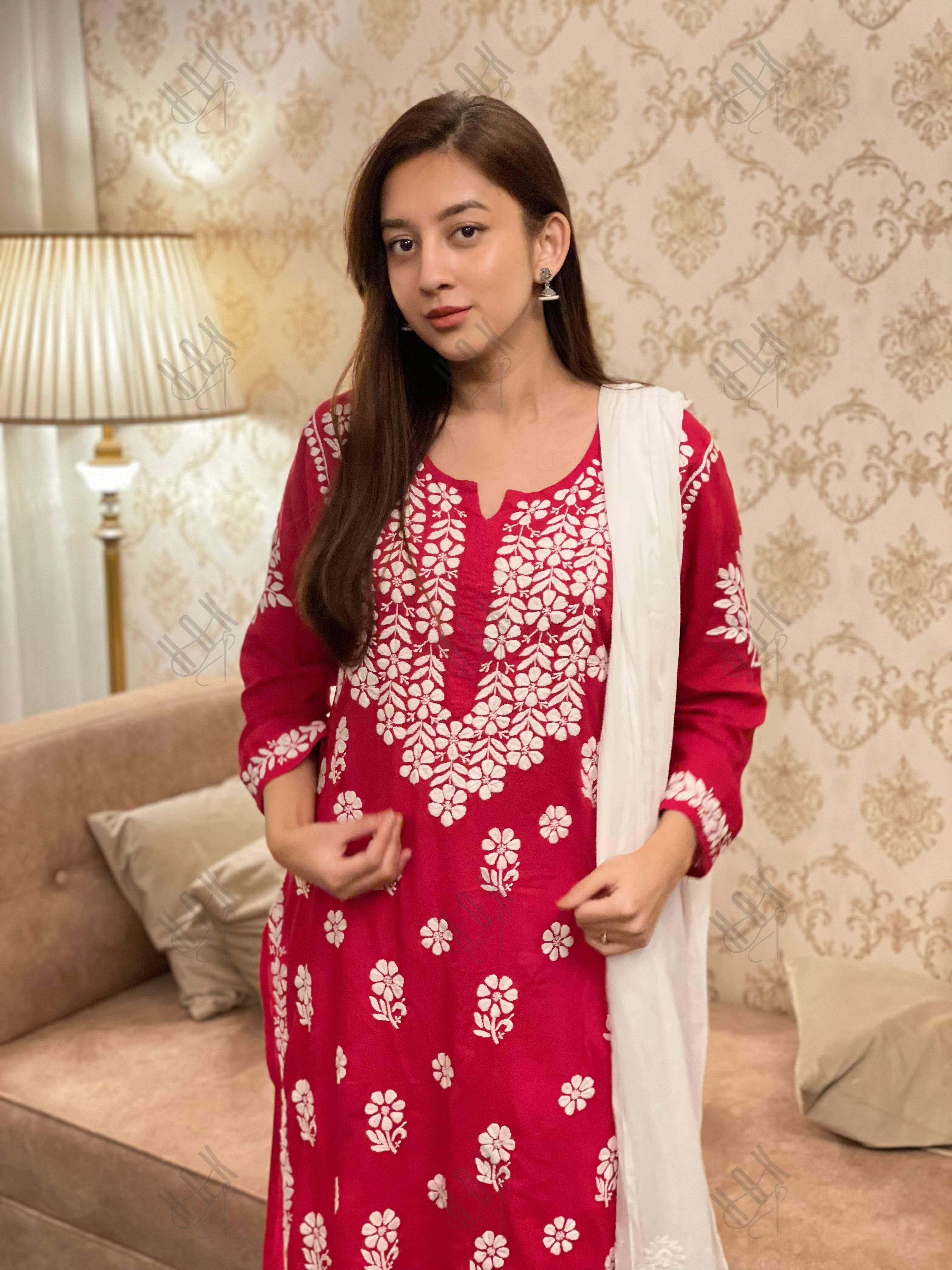 Miesha Iyer in Premium Hand Embroidery Chikankari Kurta Modal Cotton- Red - House Of Kari (Chikankari Clothing)