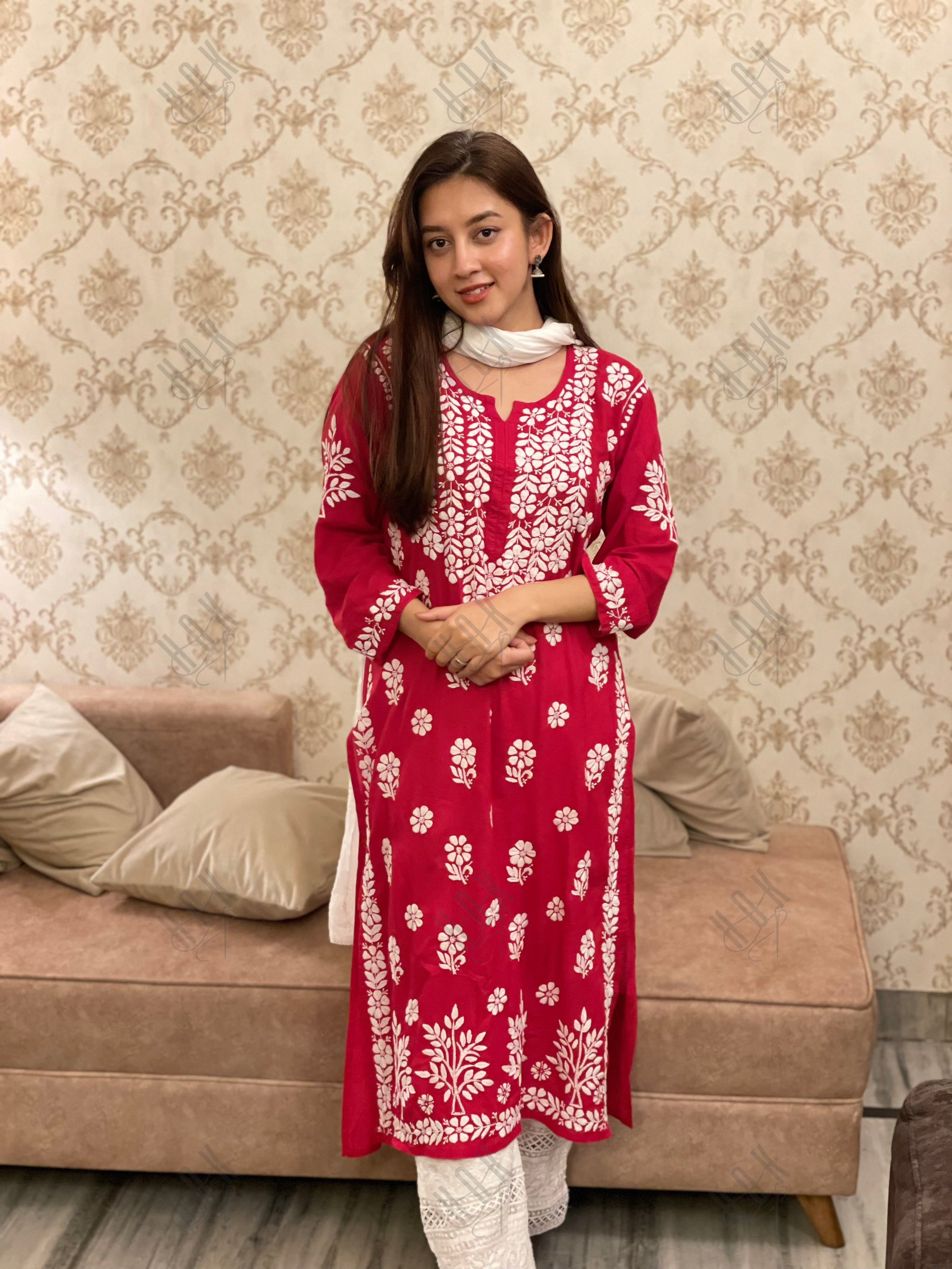 Miesha Iyer in Premium Hand Embroidery Chikankari Kurta Modal Cotton- Red - House Of Kari (Chikankari Clothing)