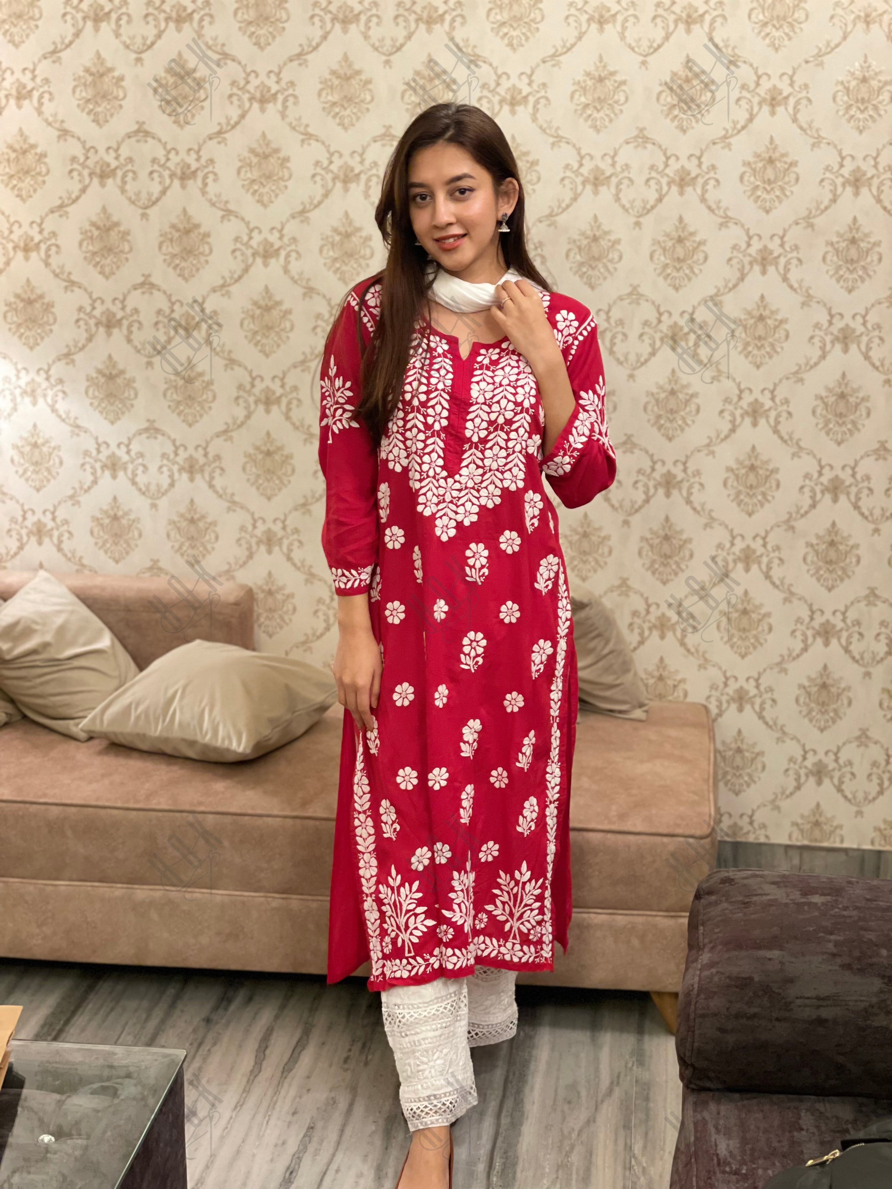 Miesha Iyer in Premium Hand Embroidery Chikankari Kurta Modal Cotton- Red - House Of Kari (Chikankari Clothing)