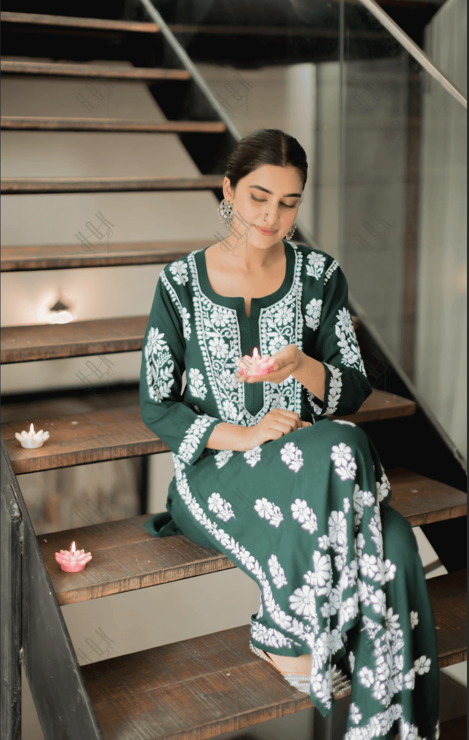 Bhavdeep in Green Hand Embroidered Floral Printed Chikankari Co-ord Set