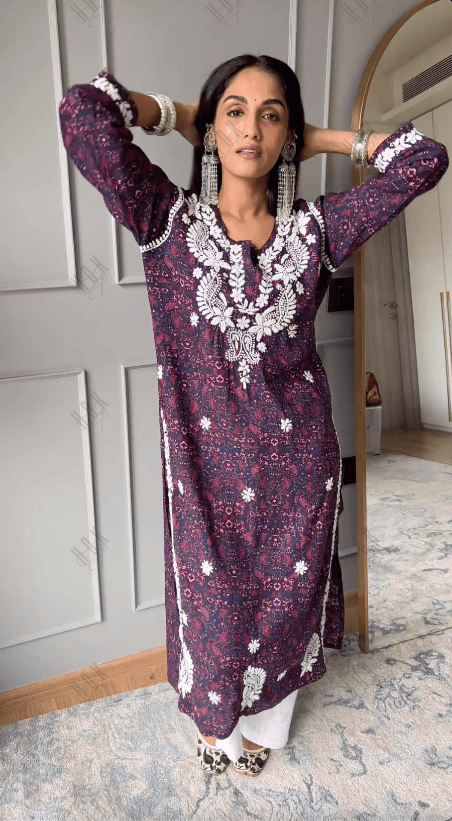 Shrima Rai in HOK Chikankari Fancy Long Kurti Dark Multicolour Print - House Of Kari (Chikankari Clothing)