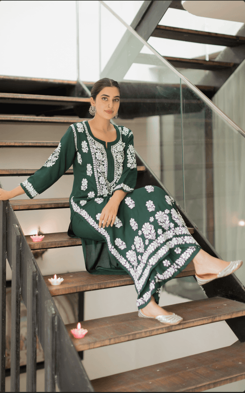 Bhavdeep in Green Hand Embroidered Floral Printed Chikankari Co-ord Set