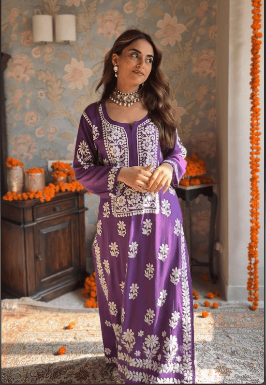 Mehak Bakshi in Premium Hand Embroidery Chikankari Co-Ord Set Purple - House Of Kari (Chikankari Clothing)
