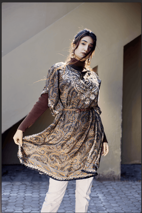 Load image into Gallery viewer, Premium Hand Embroidery Chikankari PolySilk Kaftan Top wear for Women Dark Brown Print - House Of Kari (Chikankari Clothing)

