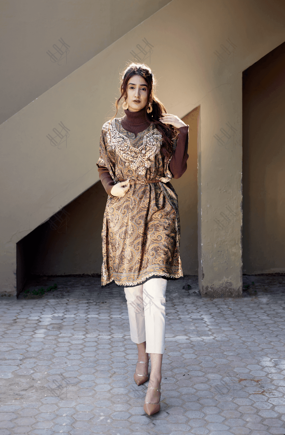 Premium Hand Embroidery Chikankari PolySilk Kaftan Top wear for Women Dark Brown Print - House Of Kari (Chikankari Clothing)